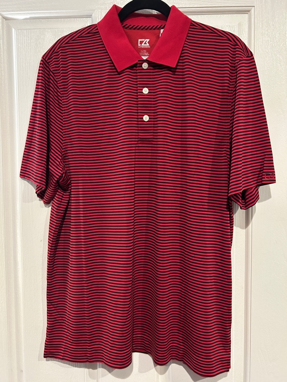Cutter & Buck CB DryTec Red and Black Striped Trevor Polo